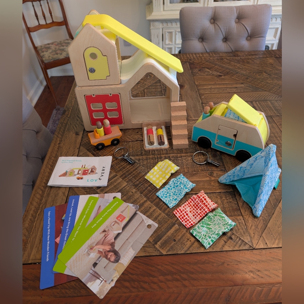 Wooden Playhouse and Camper Toy Set - Yellow and Natural